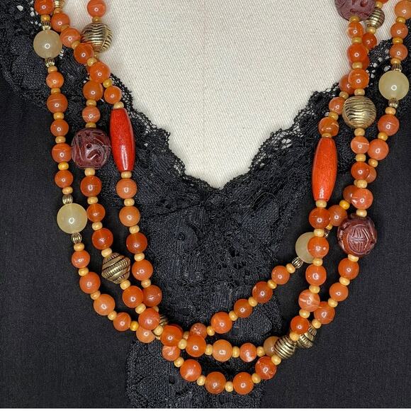 Vintage Avon Multi Strand Beaded Necklace Gold Tone with Orange and Cream - Picture 5 of 8
